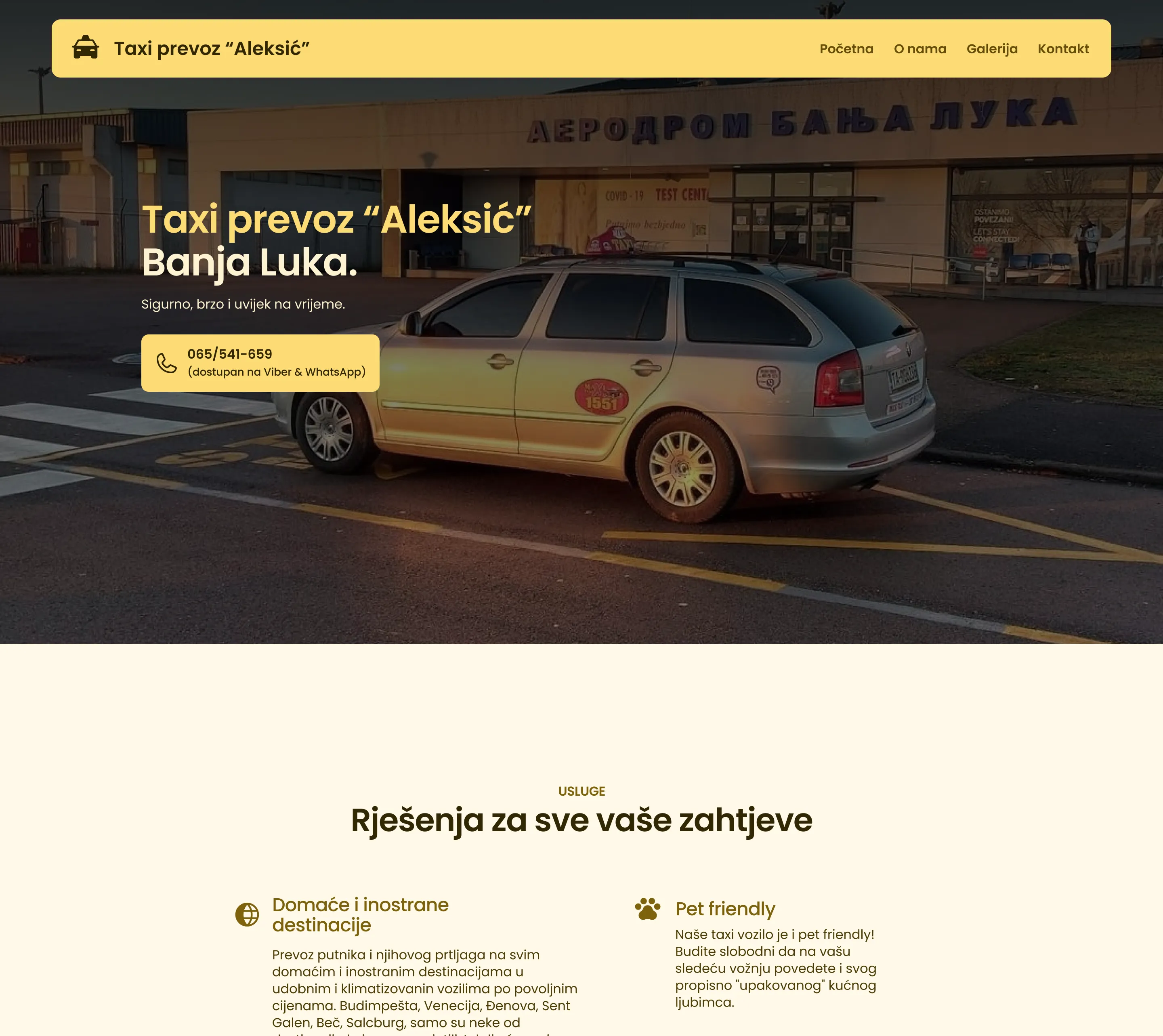 Landing page of Taxi transport "Aleksić" website