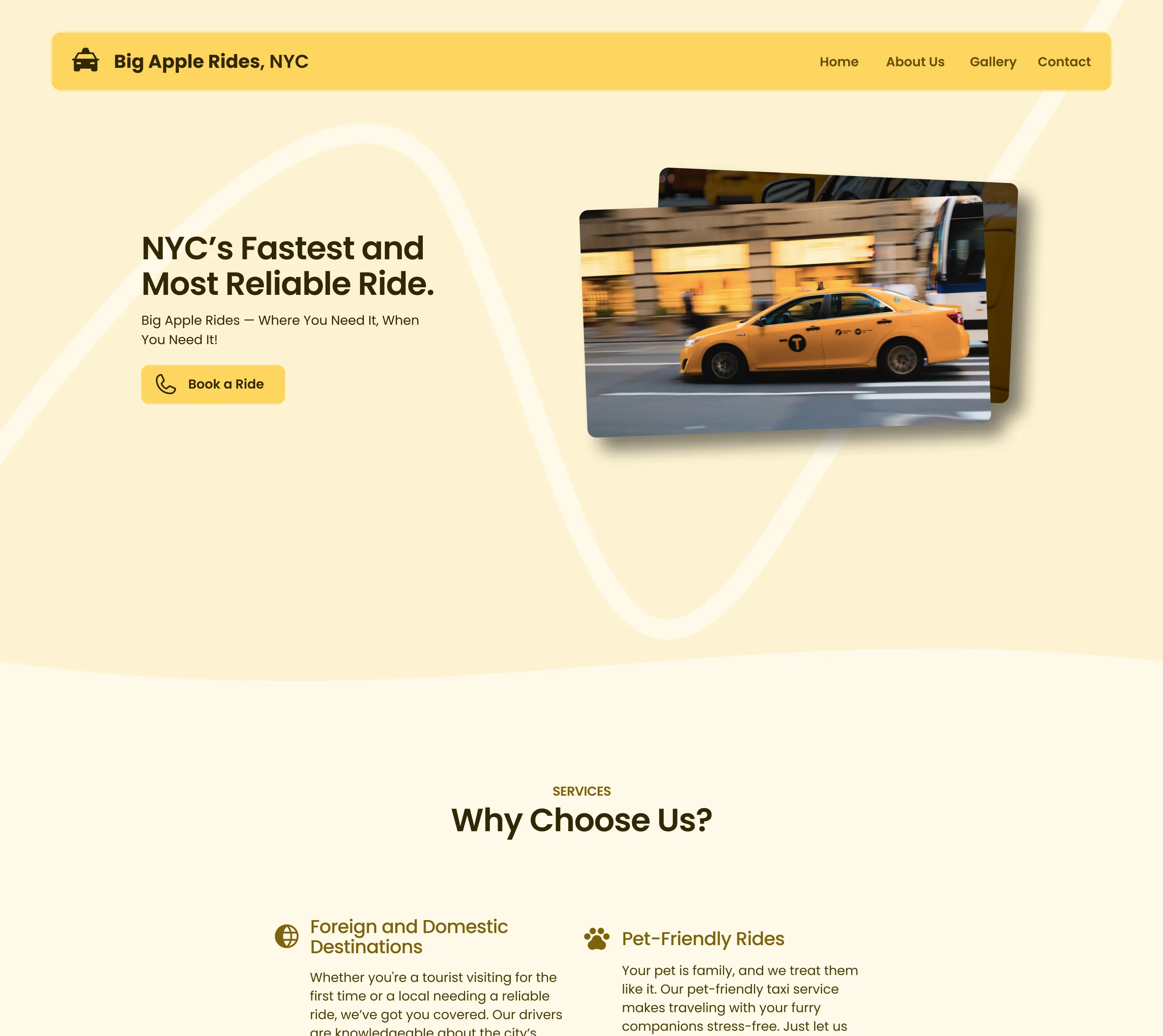 Landing page of a mockup taxi website