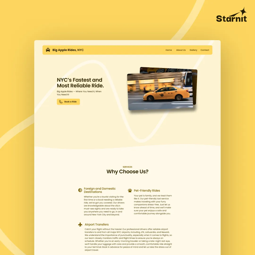 Landing page of a mockup taxi website