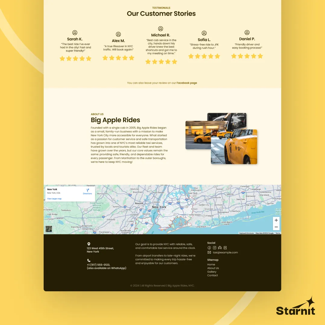 Pages of a mockup taxi website