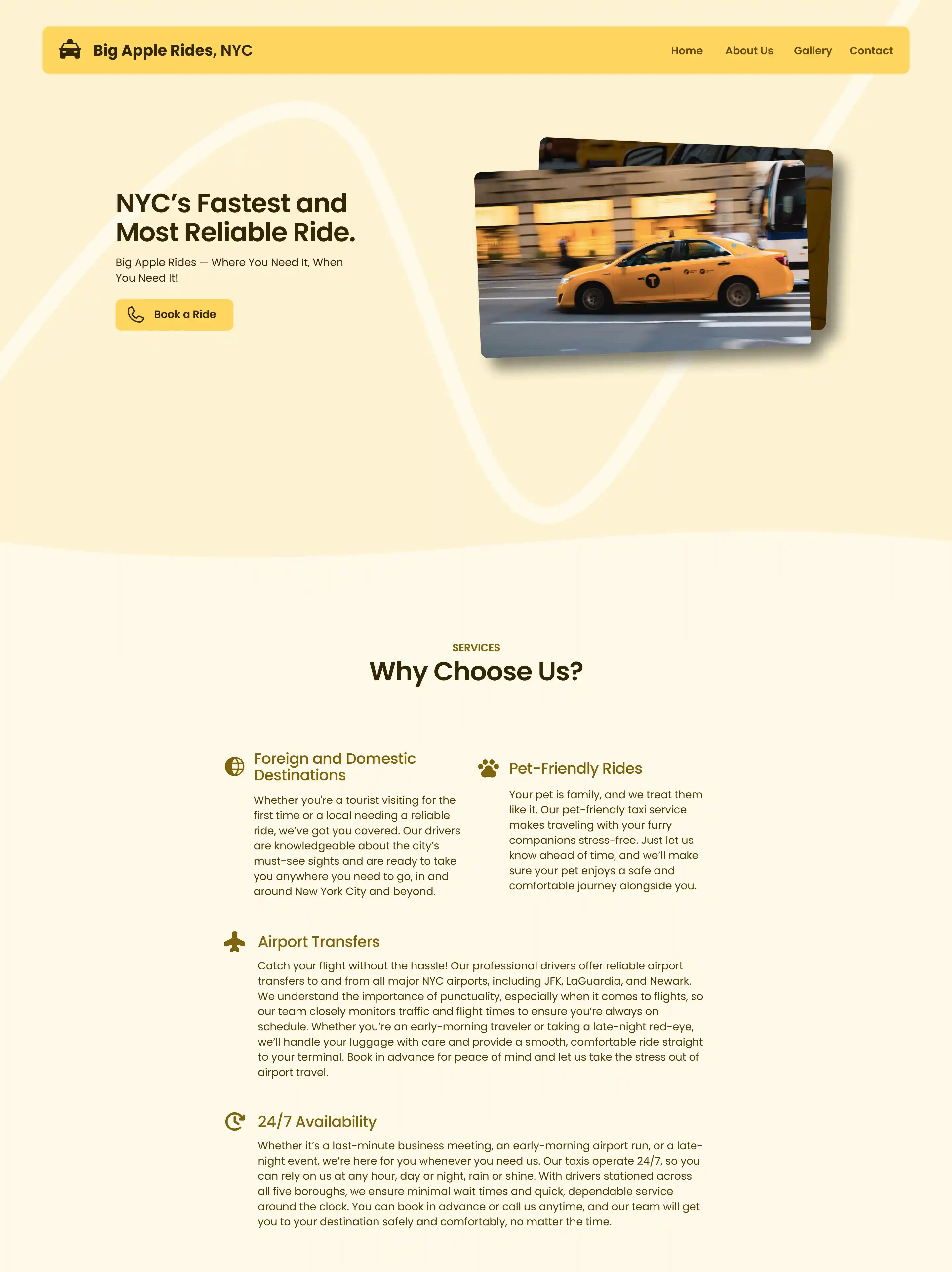 Landing page of a mockup taxi website